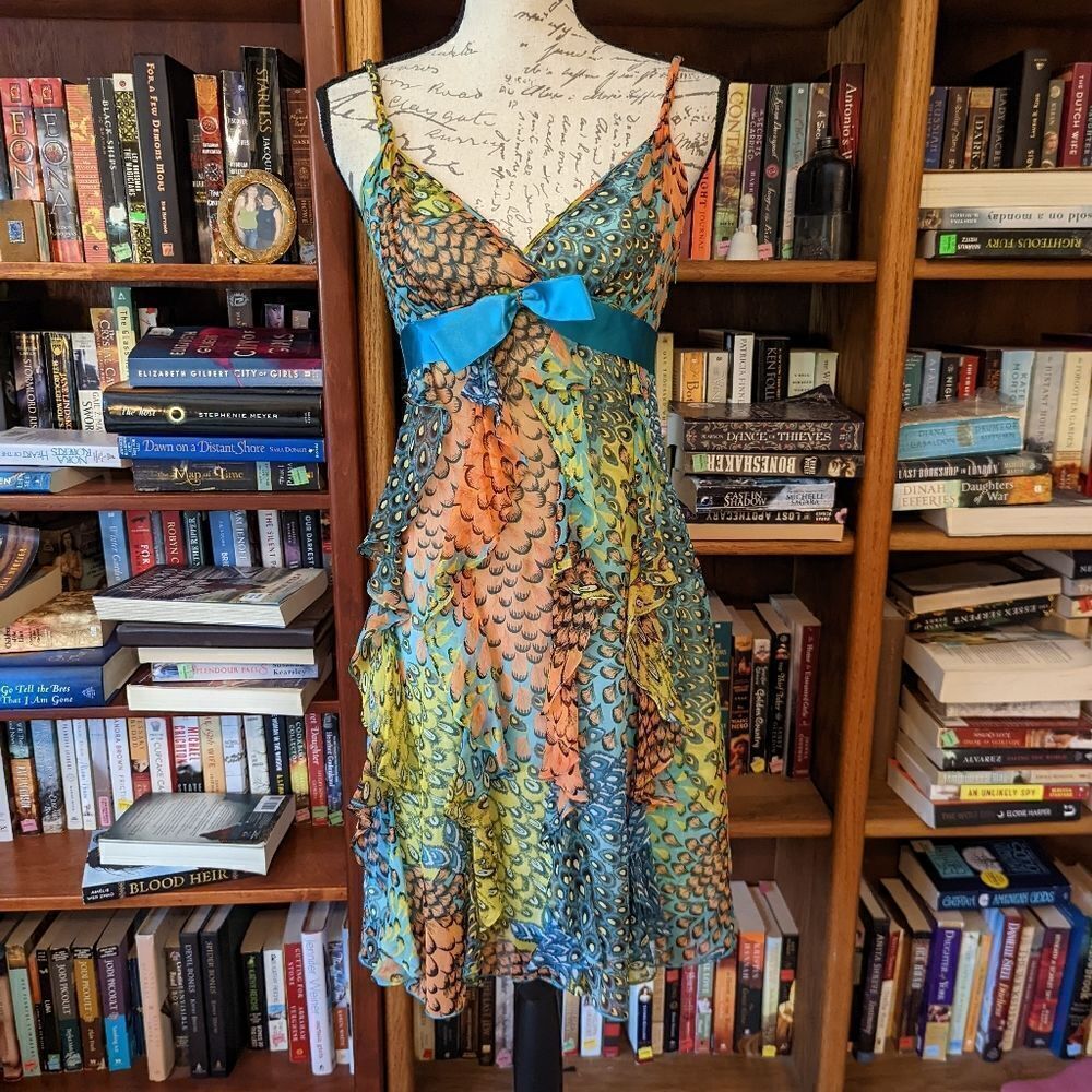 Bcbgmaxazria Y2k multicolor silk spaghetti strap flutter bow ribbon dress 4 euc